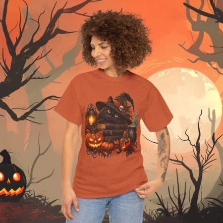 Witchy Black Cat Halloween Books And Pumpkins T Shirt