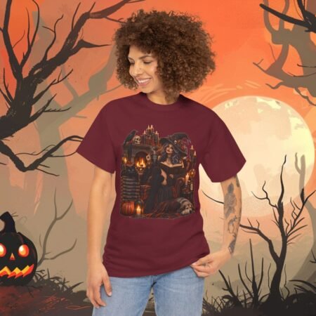 Witchy Halloween T-Shirt — Gothic Sorceress with Candles & Pumpkins