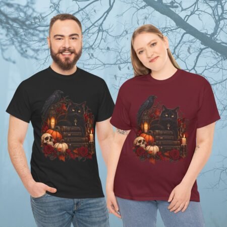 Black Cat Raven And Skull Gothic Halloween T Shirt