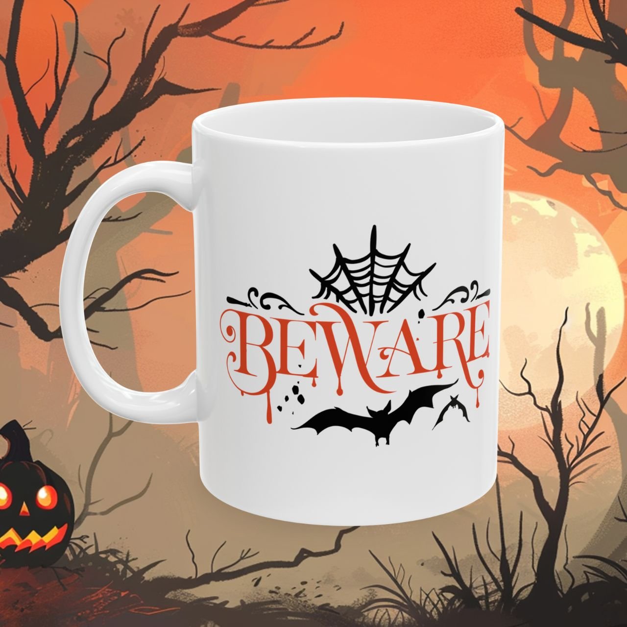 Beware Bats And Spiderweb Halloween Mug