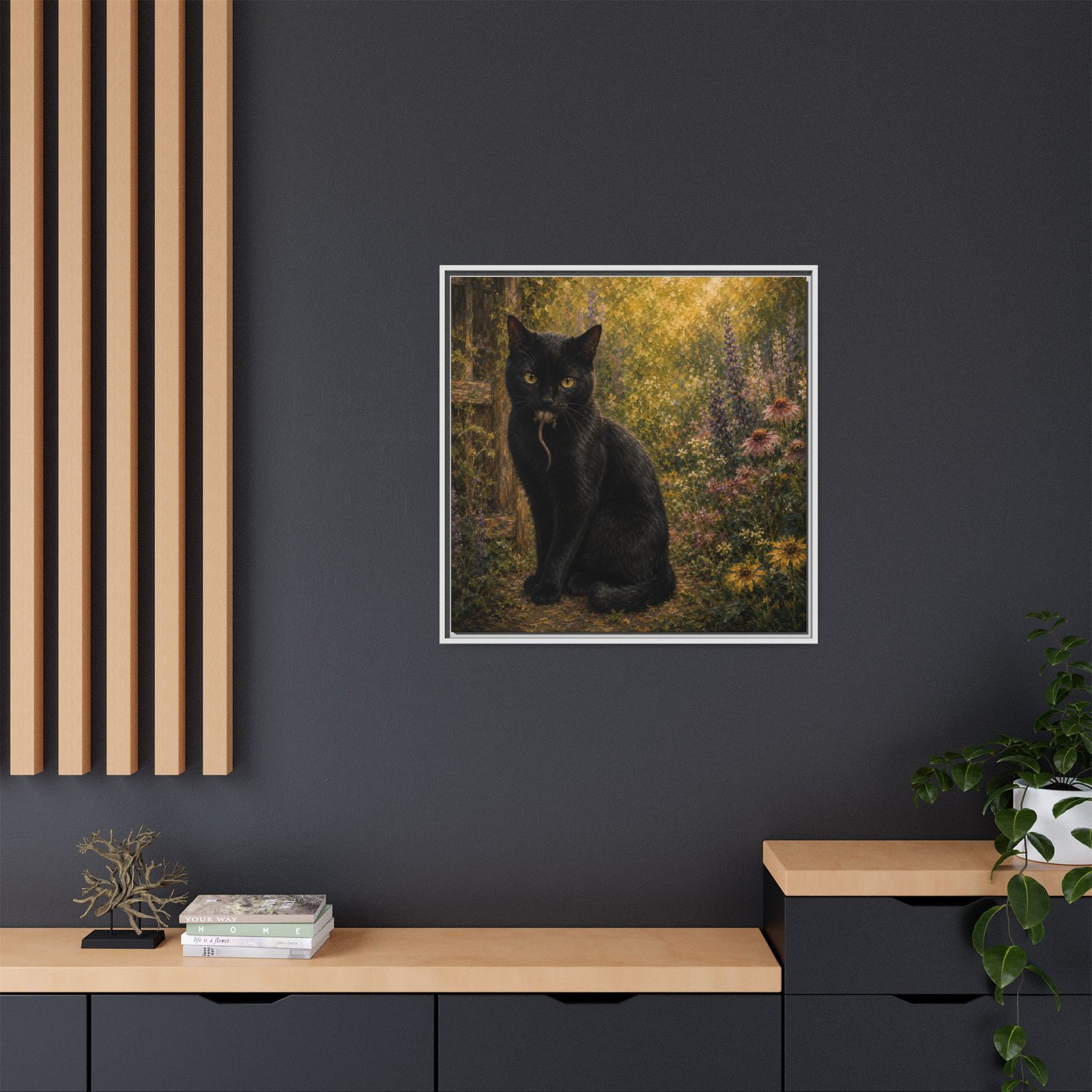 Black Cat In The Garden Framed Matte Canvas Wall Art - Image 128